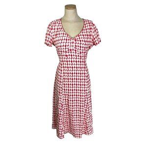 Boden women's dress 12 long pink white short sleeve fit flare waist tie midi